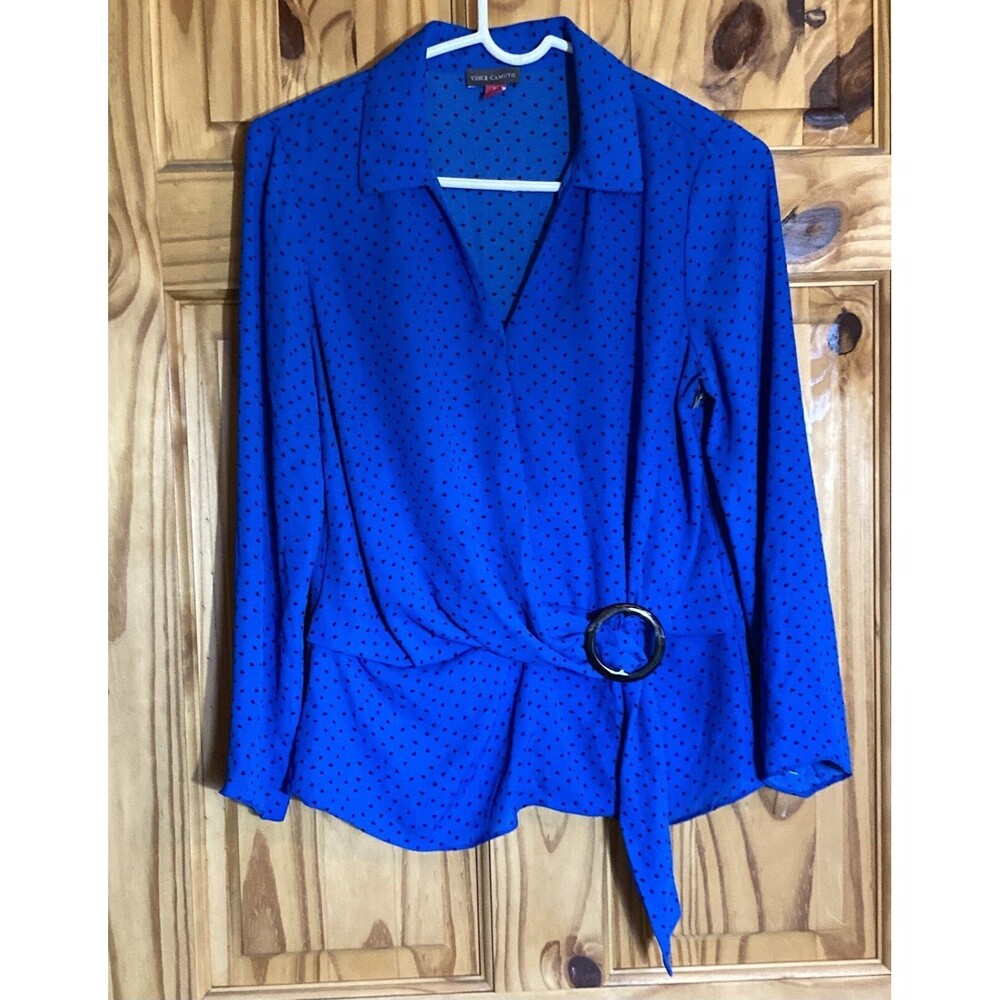 VINCE CAMUTO Women's Ditsy Fragments Belted Front Blouse Blue W/Polkadots XS